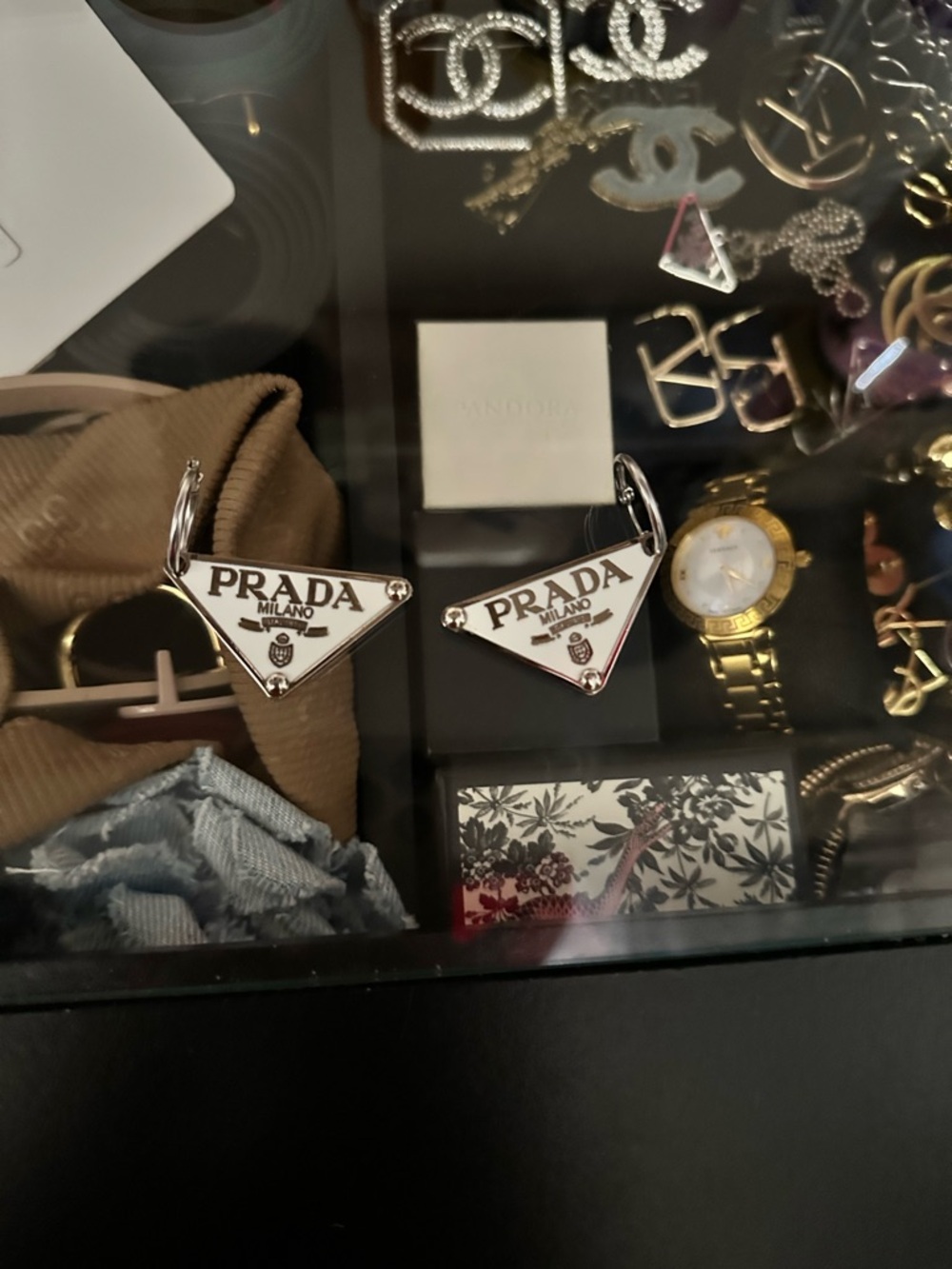 White and sliver PRADA fashion Triangle Logo Earrings